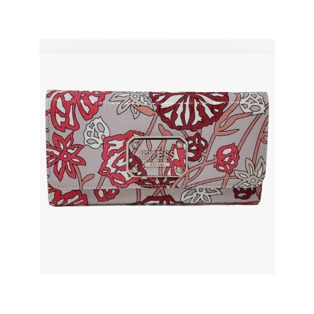 GUESS Ophelia Blush Pink Coral Red Burgundy White Roses Trifold Wallet Wristlet